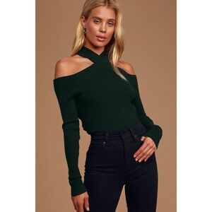 Lulus Party Mode Dark Green Ribbed Cold-shoulder Sweater Top